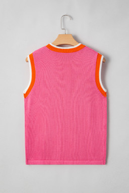 Bright Pink Pearl Embellished Contrast Trim Sleeveless Knit Top