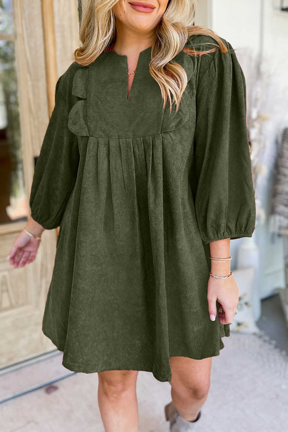 Moss Green Split Neck Scallop Detail Pleated Corduroy Mini Dress