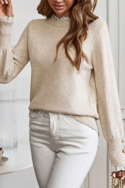 Jet Stream Lace Trim Patchwork Buttoned Cuffs Loose Sweater