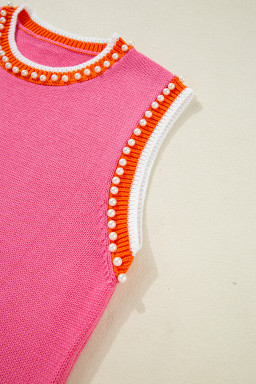 Bright Pink Pearl Embellished Contrast Trim Sleeveless Knit Top