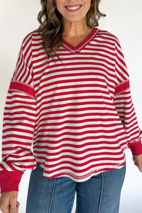 Red Striped Balloon Sleeve V Neck Blouse