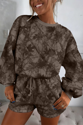 Brown Camouflage Print Round Neck Drop Sleeve Shorts Set