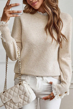 Jet Stream Lace Trim Patchwork Buttoned Cuffs Loose Sweater