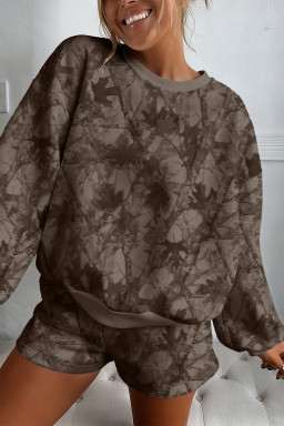 Brown Camouflage Print Round Neck Drop Sleeve Shorts Set