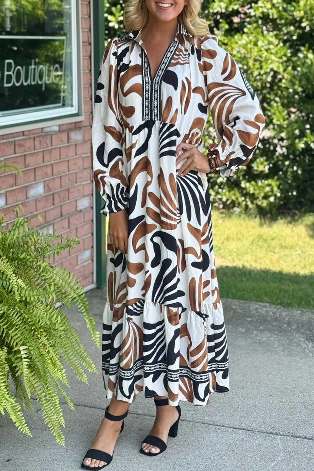 Brown Tropical Print Contrast Trim Neck Long Sleeve Ruffle Hem Dress