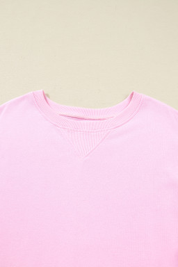 Pink Plus Size Mix Floral Patched Sleeve Ribbed Trim Baggy Sweatshirt