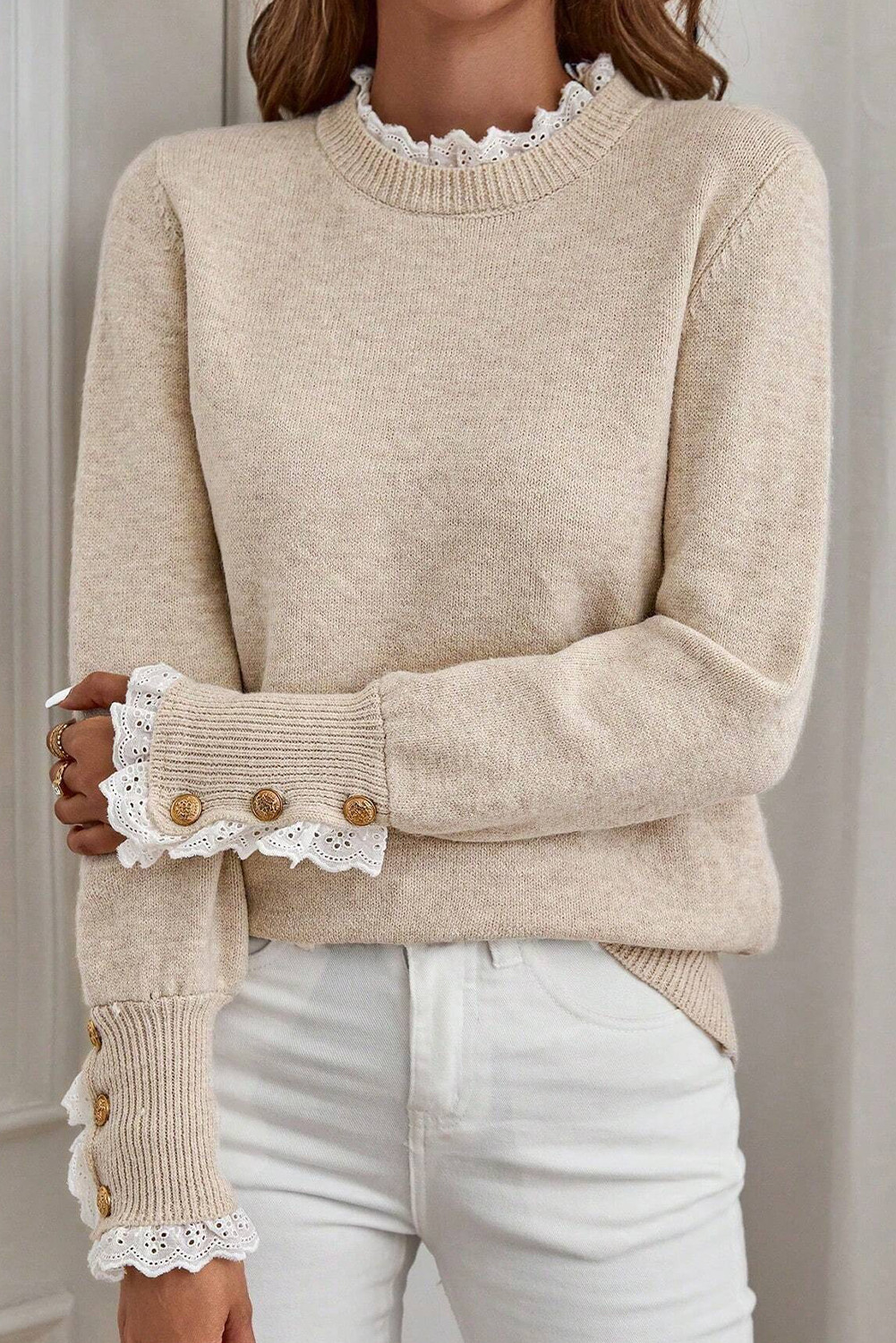 Jet Stream Lace Trim Patchwork Buttoned Cuffs Loose Sweater
