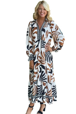 Brown Tropical Print Contrast Trim Neck Long Sleeve Ruffle Hem Dress
