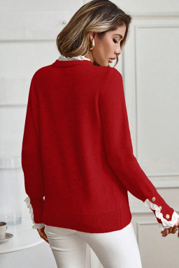 Racing Red Lace Trim Patchwork Buttoned Cuffs Loose Sweater