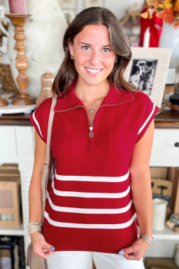 Fiery Red Quarter Zip Striped Detail Short Sleeve Sweater