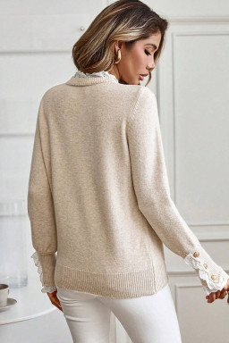 Jet Stream Lace Trim Patchwork Buttoned Cuffs Loose Sweater
