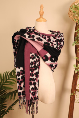 Rose Red Leopard Color Block Print Tassel Trim Terylene Scarf
