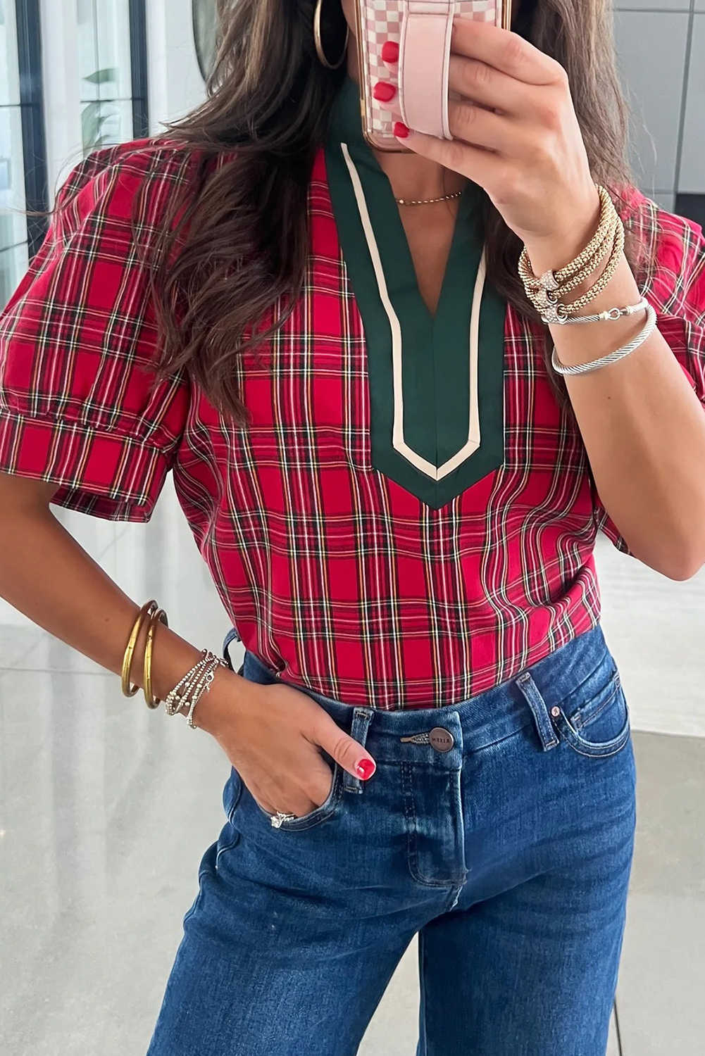 Red Plaid Print Contrast Trim V Neck Short Sleeve Blouse