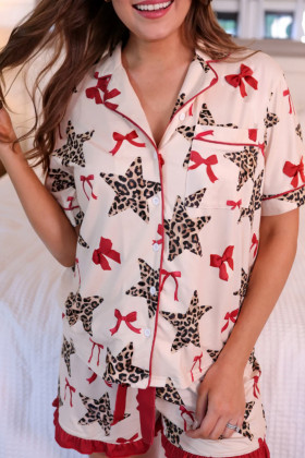 White Leopard Star Print Ruffle Trim Pajama Set