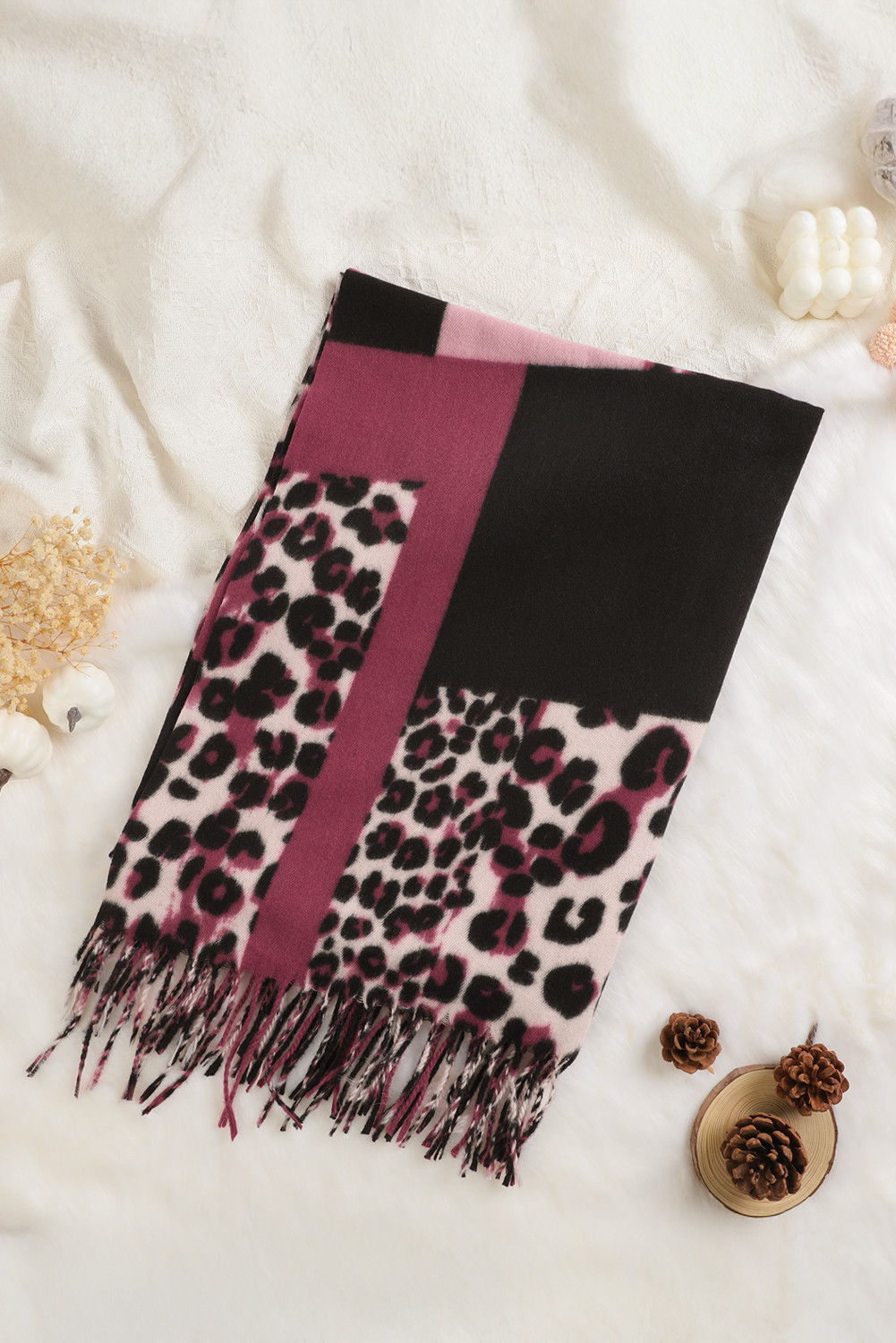 Rose Red Leopard Color Block Print Tassel Trim Terylene Scarf
