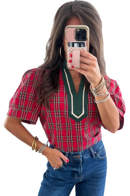 Red Plaid Print Contrast Trim V Neck Short Sleeve Blouse