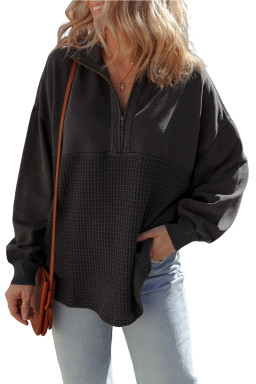 Carbon Grey Waffle Knit Patchwork Half Zipped Casual Sweatshirt
