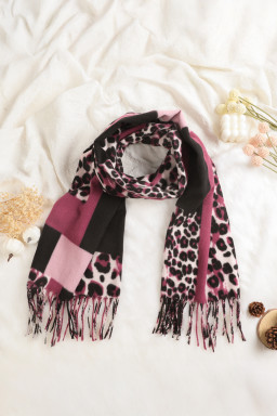 Rose Red Leopard Color Block Print Tassel Trim Terylene Scarf