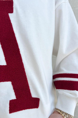 Red Dahlia Chenille Letter A Varsity Striped V Neck Sweatshirt