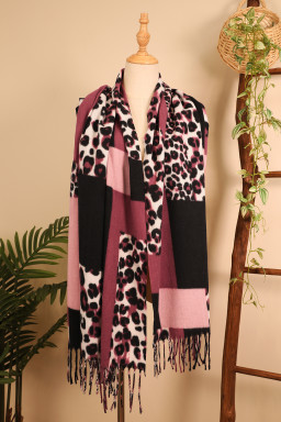 Rose Red Leopard Color Block Print Tassel Trim Terylene Scarf