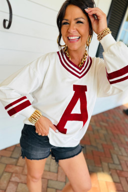 Red Dahlia Chenille Letter A Varsity Striped V Neck Sweatshirt