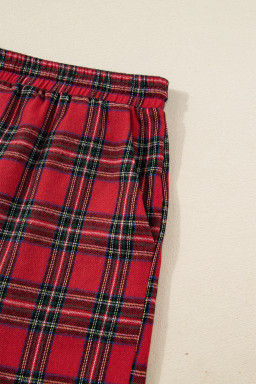 Red Plus Size Plaid Patchwork Long Sleeve Shirt and Shorts Pajama Set