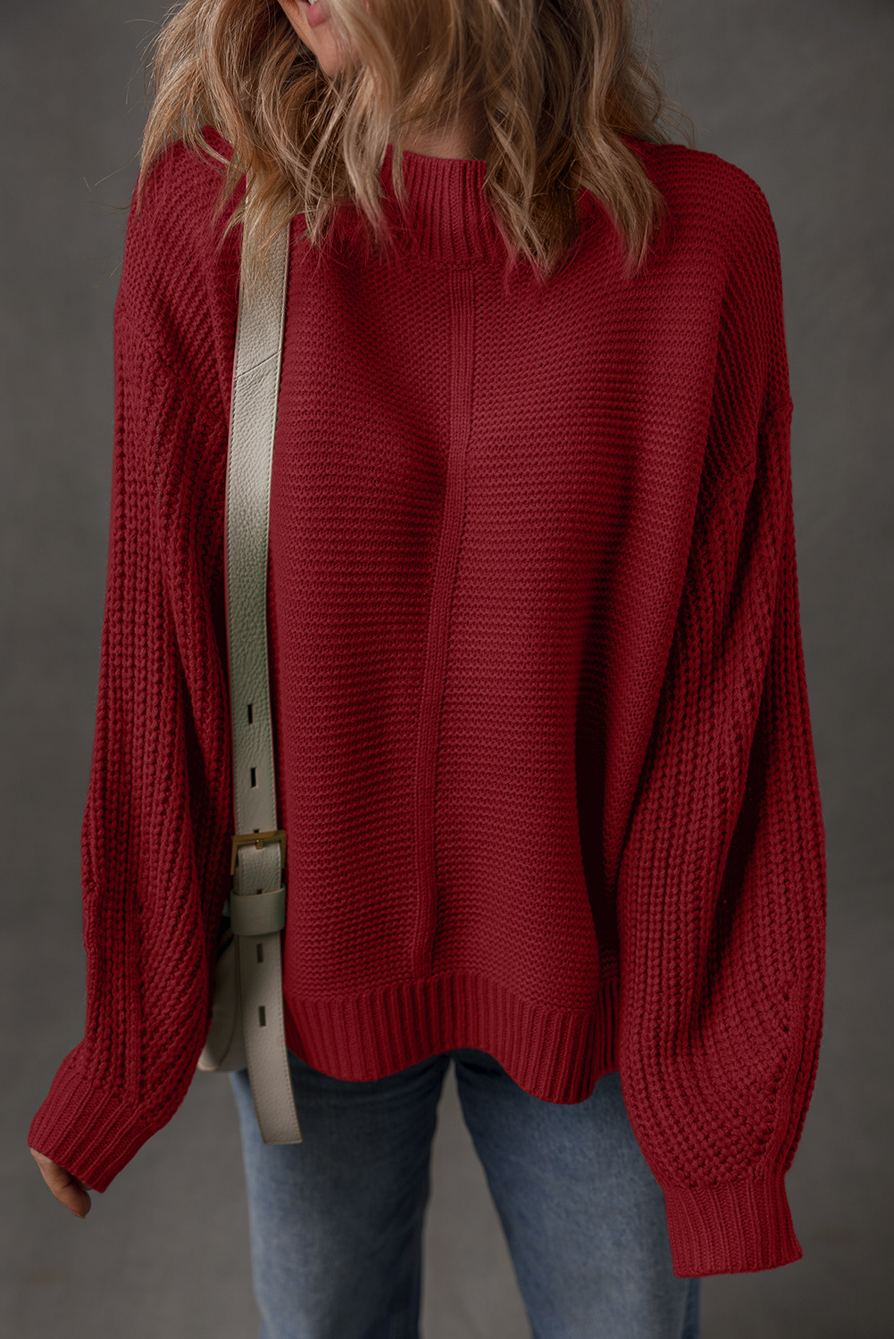 Red Dahlia Solid Color Front Seam Drop Shoulder Loose Sweater