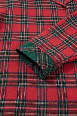 Red Plus Size Plaid Patchwork Long Sleeve Shirt and Shorts Pajama Set