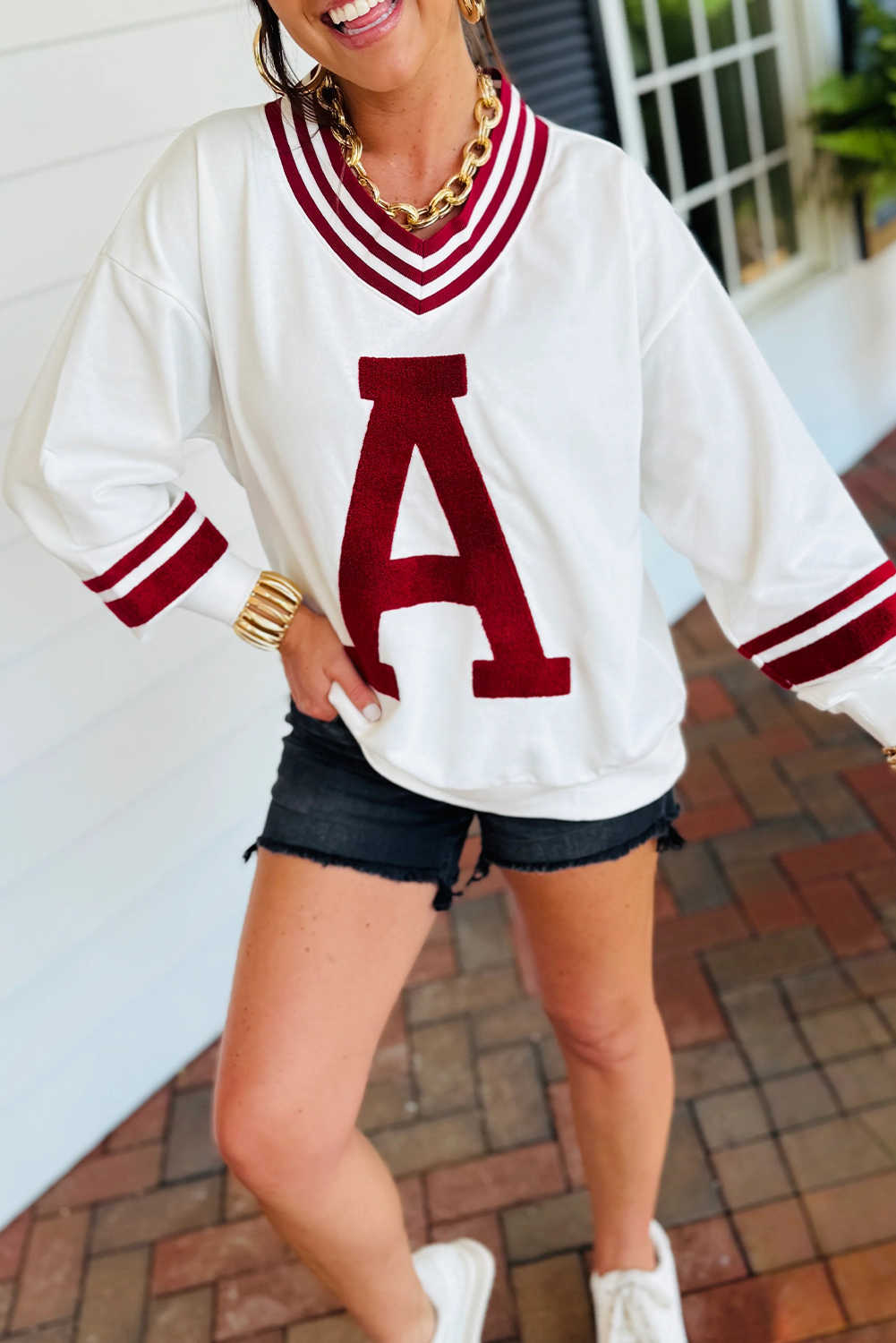 Red Dahlia Chenille Letter A Varsity Striped V Neck Sweatshirt