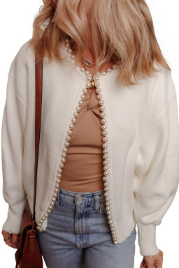 White Pearl Embellished Open Front Elegant Cardigan