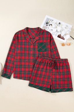 Red Plus Size Plaid Patchwork Long Sleeve Shirt and Shorts Pajama Set