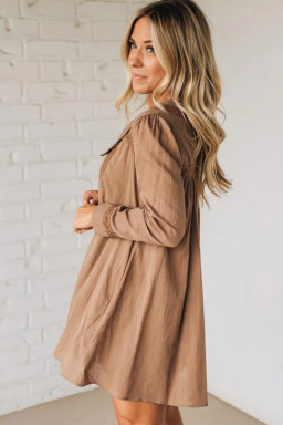 Straw Yellow Lace Trim Peter Pan Collar Long Sleeve Mini Shirt Dress