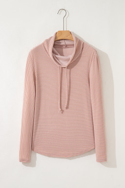 Apricot Pink Horizontal Twist Ribbed Drawstring Cowl Neck Knit Top