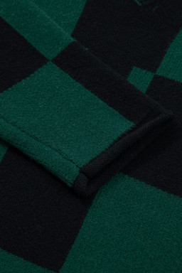 Green Checked Notched Neckline Drop Shoulder Knit Sweater