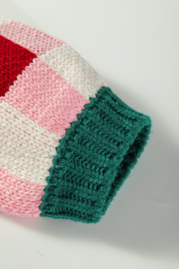 Pink Colorblock Checkered Open Front Knit Cardigan