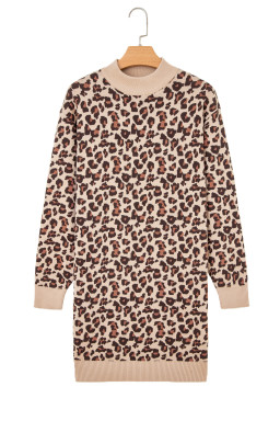 Khaki Leopard Print High Neck Shift Mini Sweater Dress