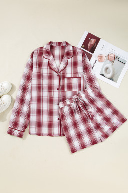 Red Retro Plaid Long Sleeve Shirt Drawstring Shorts 2pcs Lounge Set