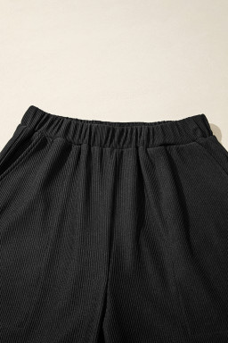 Black Ribbed Texture Baggy Drop Shoulder Pullover and Shorts Set