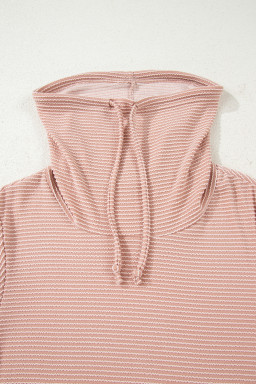 Apricot Pink Horizontal Twist Ribbed Drawstring Cowl Neck Knit Top