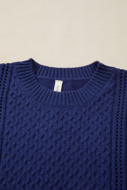 Navy Blue Mix Texture Knit Eyelet Detail Casual Sweater