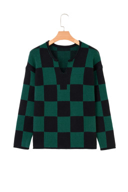 Green Checked Notched Neckline Drop Shoulder Knit Sweater