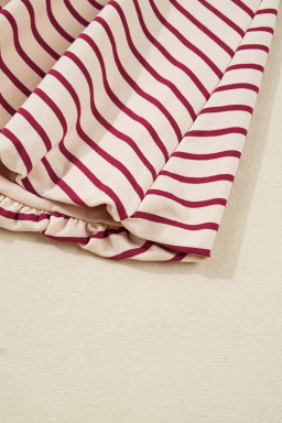 Red Stripe Cropped Collared Drop Shoulder Pullover and Bubble Mini Skirt Set