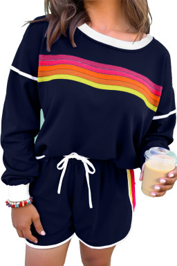 Bluing Colorful Striped Accent Varsity Long Sleeve Pullover and Shorts Matching Set
