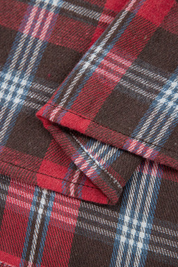 Red Plaid Print Collared V Neck Loose Blouse with Side Slits