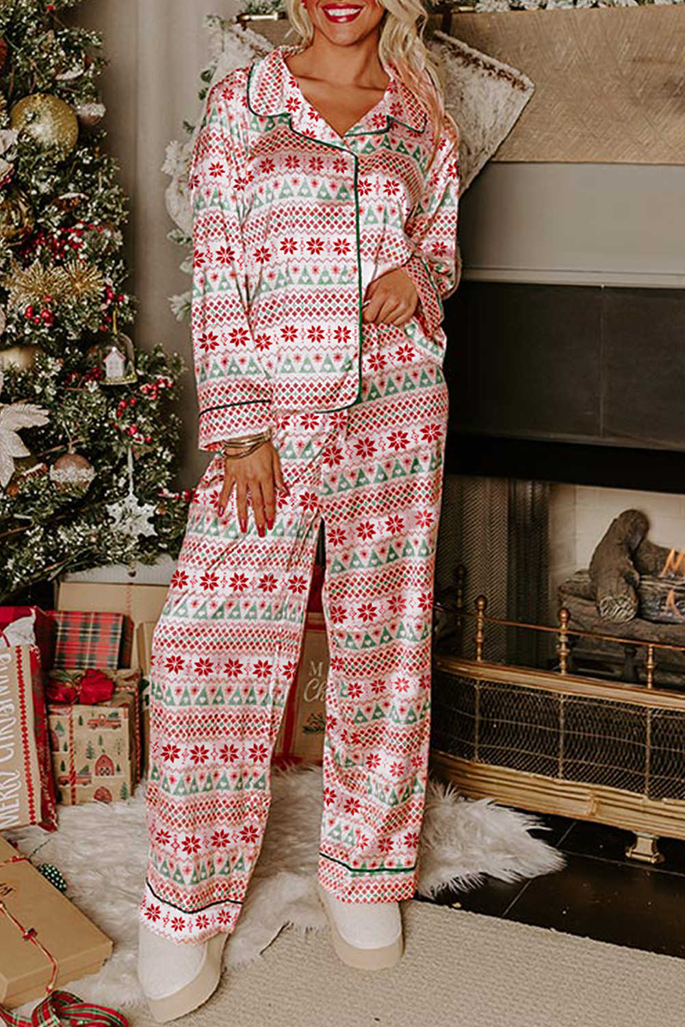White Christmas Pattern Print Shirt Style Long 2pcs Pajama Set