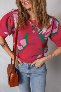 Red Floral Abstract Print Short Puff Sleeve Sweater