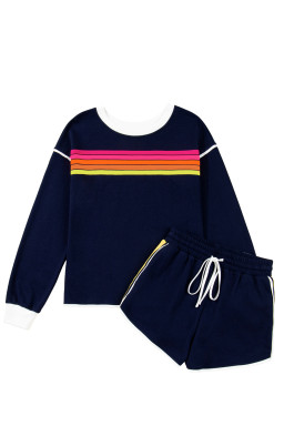 Bluing Colorful Striped Accent Varsity Long Sleeve Pullover and Shorts Matching Set