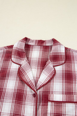 Red Retro Plaid Long Sleeve Shirt Drawstring Shorts 2pcs Lounge Set