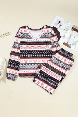 Black Retro Christmas Pattern Loose Pullover 2pcs Lounge Pant Set