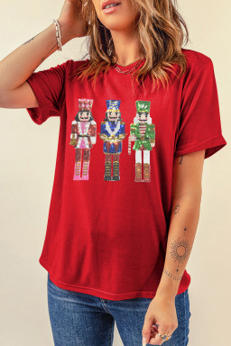 Red Sequined Christmas Nutcracker-man Graphic Cuffed Short Sleeve T Shirt
